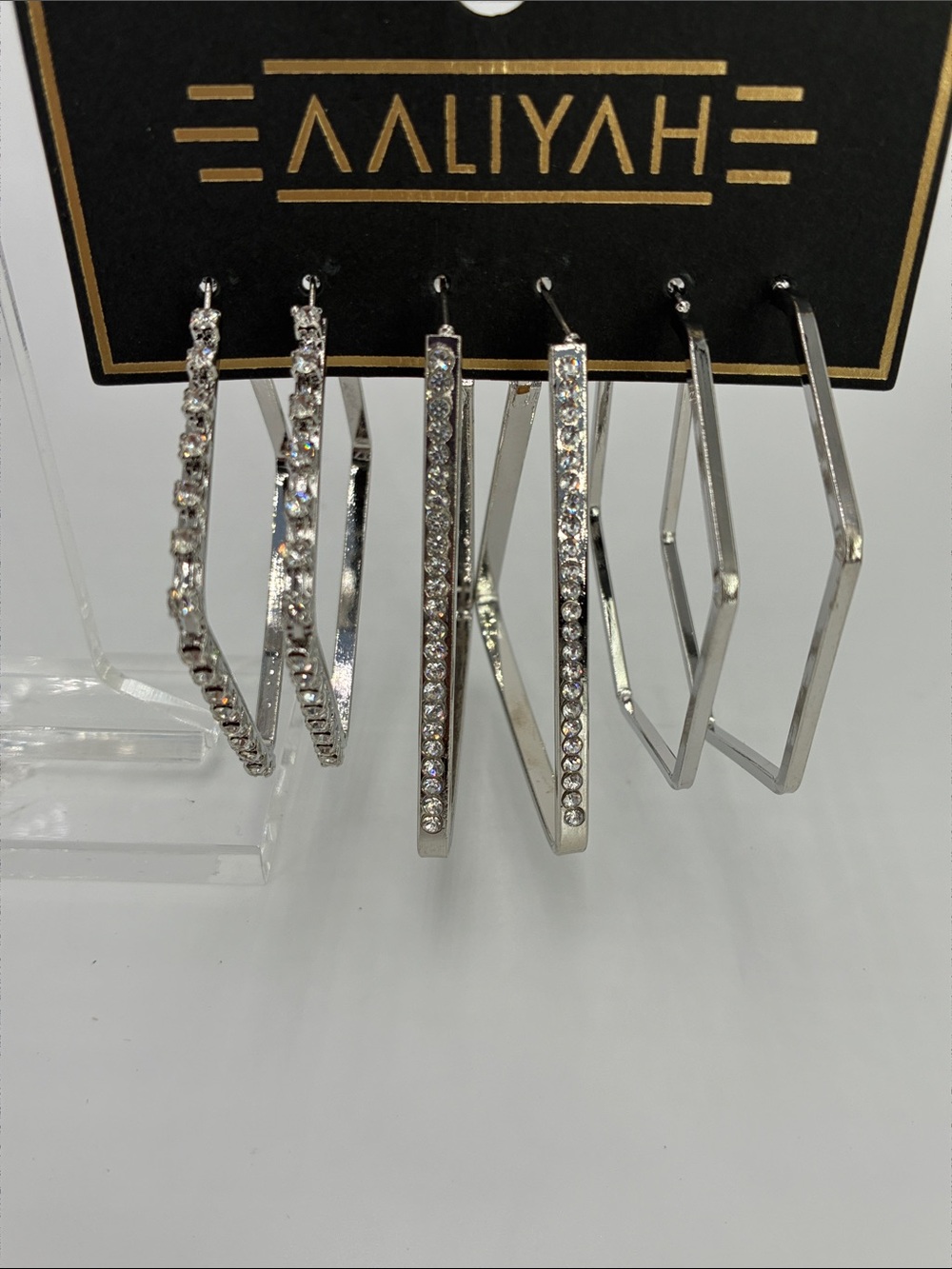 Aaliyah Silver Crystal Hexagon Hoop Earring Set - Silver